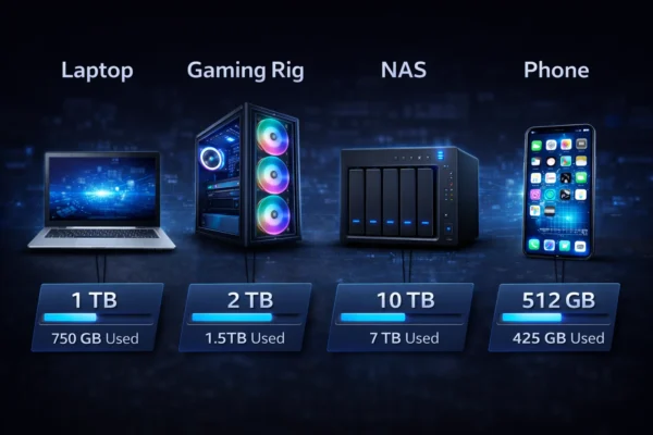 How much storage do I need guide for laptop gaming PC NAS and phone