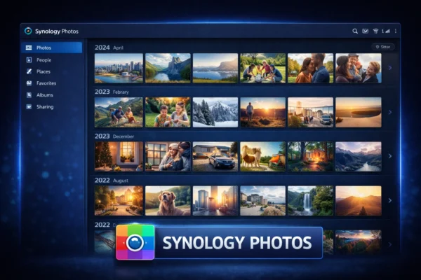 Synology Photos interface showing photo timeline
